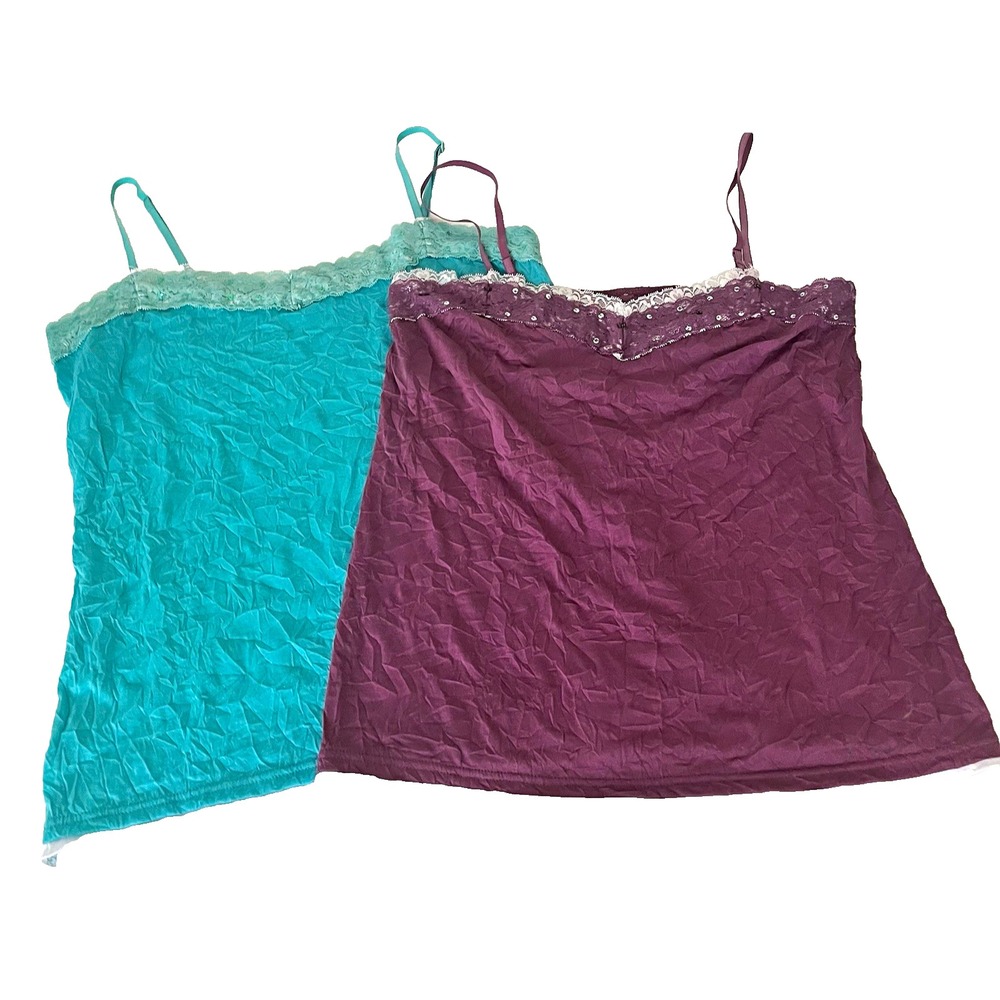 y2k set 2 crinkle tank tops layered sequin lace trim purple aqua L/XL 2000s